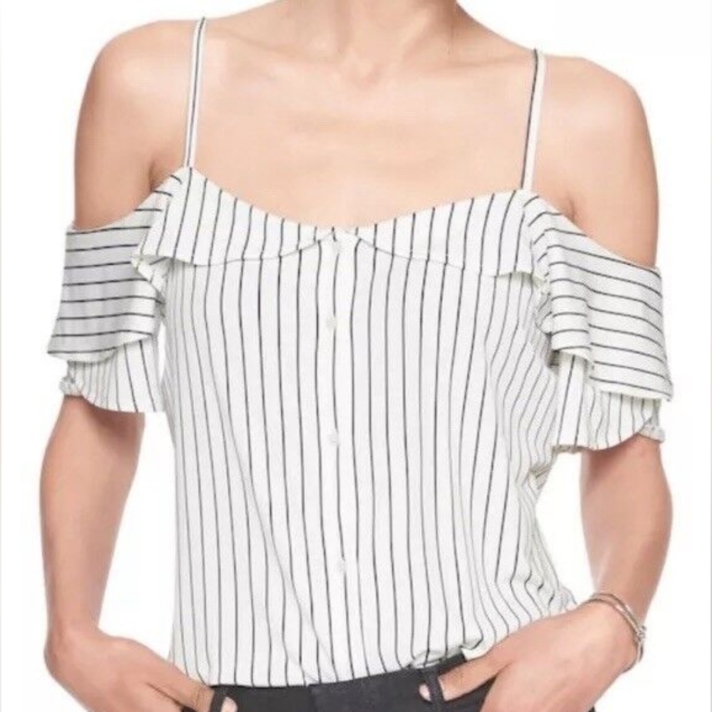 Banana Republic White Navy Striped Off Shoulder Button-Up Blouse | Size L
